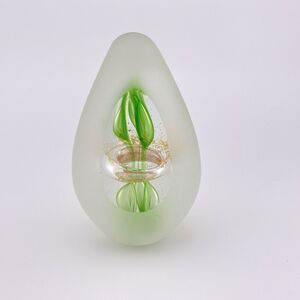 Svaja Frosted Green & Gold Controlled Bubbles Lampwork Art Glass Egg Paperweight